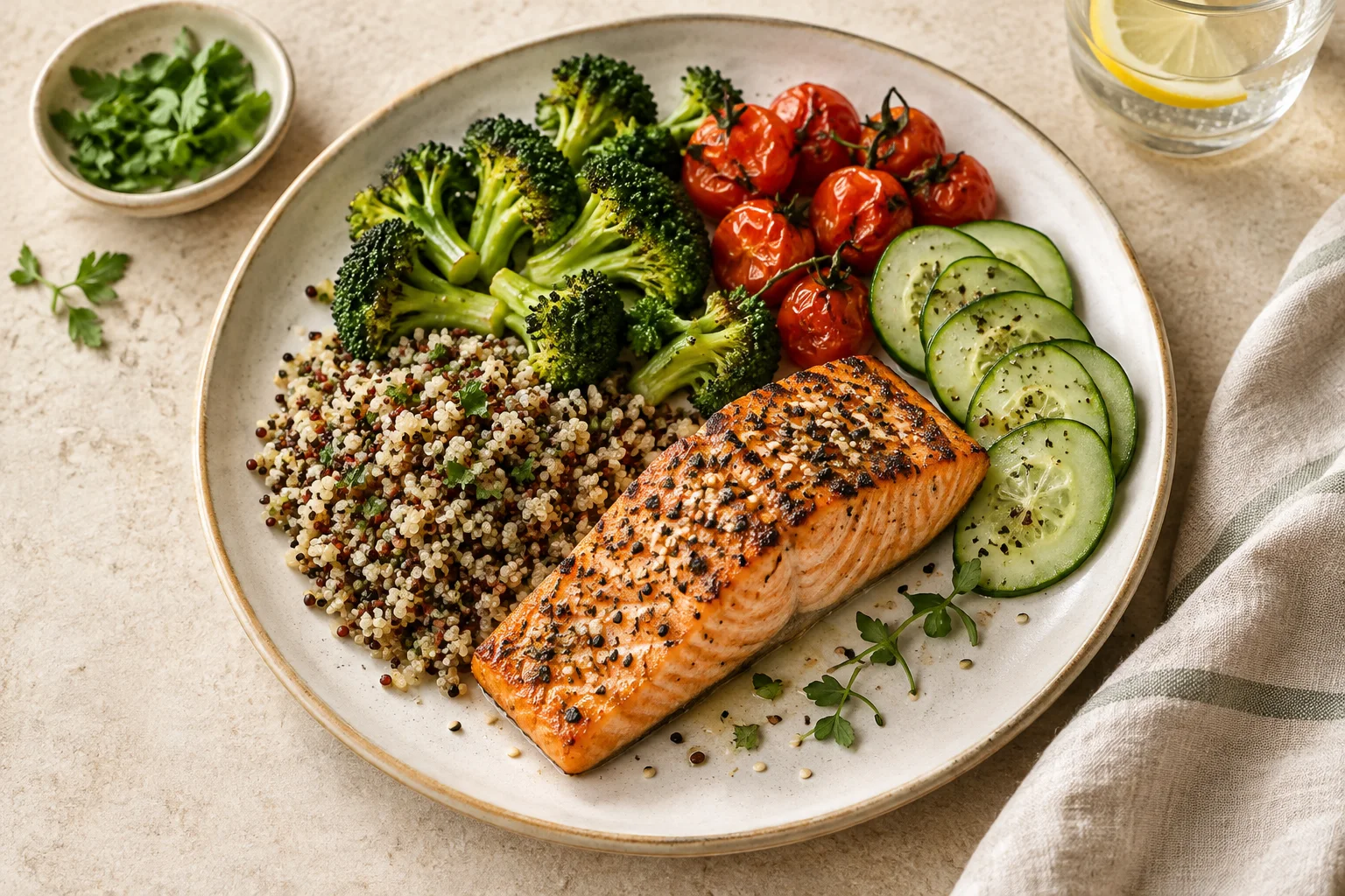 Salmon, quinoa and vegetable plate