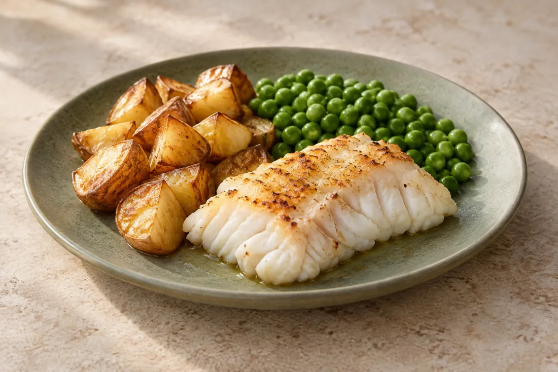 Baked cod, potatoes & peas — serving suggestion