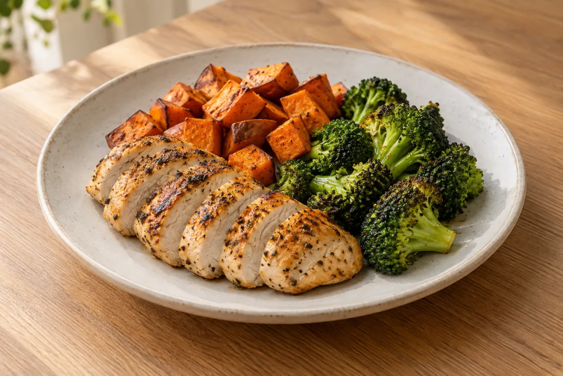 Roast chicken, sweet potato & broccoli — serving suggestion