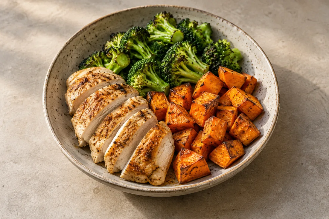 Roast chicken, sweet potato & broccoli — serving suggestion