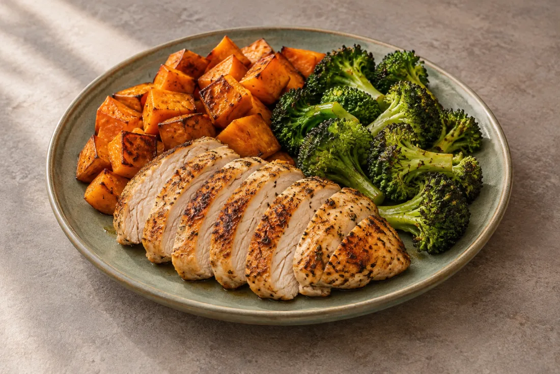 Roast chicken, sweet potato & broccoli — serving suggestion