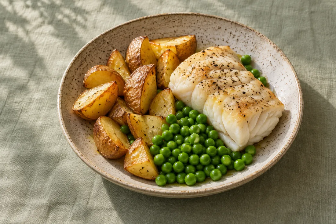 Baked cod, potatoes & peas — serving suggestion