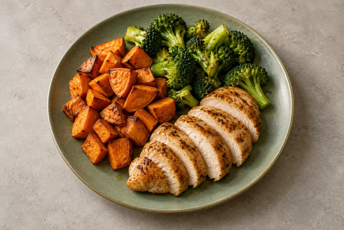 Roast chicken, sweet potato & broccoli — serving suggestion