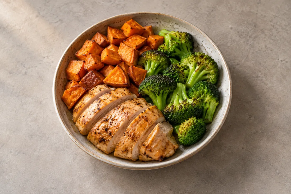 Roast chicken, sweet potato & broccoli — serving suggestion