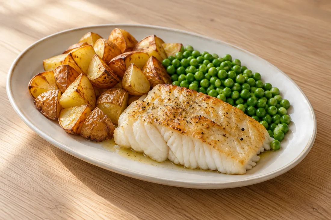 Baked cod, potatoes & peas — serving suggestion