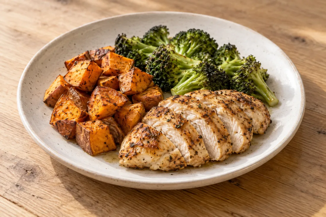 Roast chicken, sweet potato & broccoli — serving suggestion