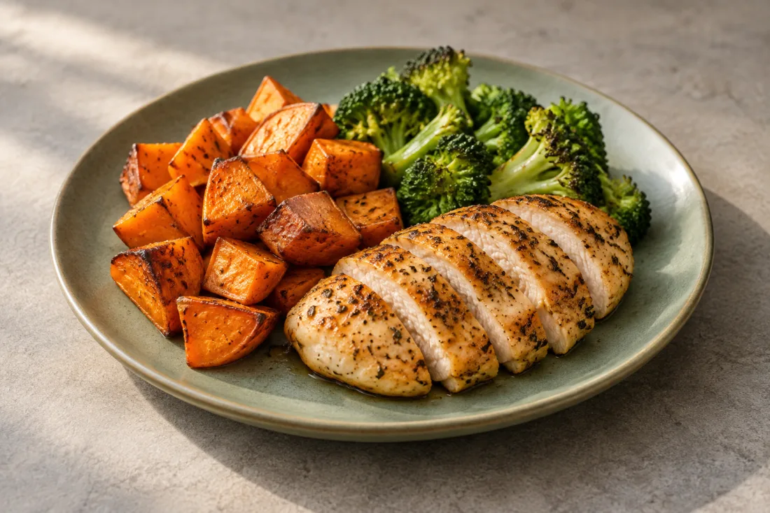 Roast chicken, sweet potato & broccoli — serving suggestion