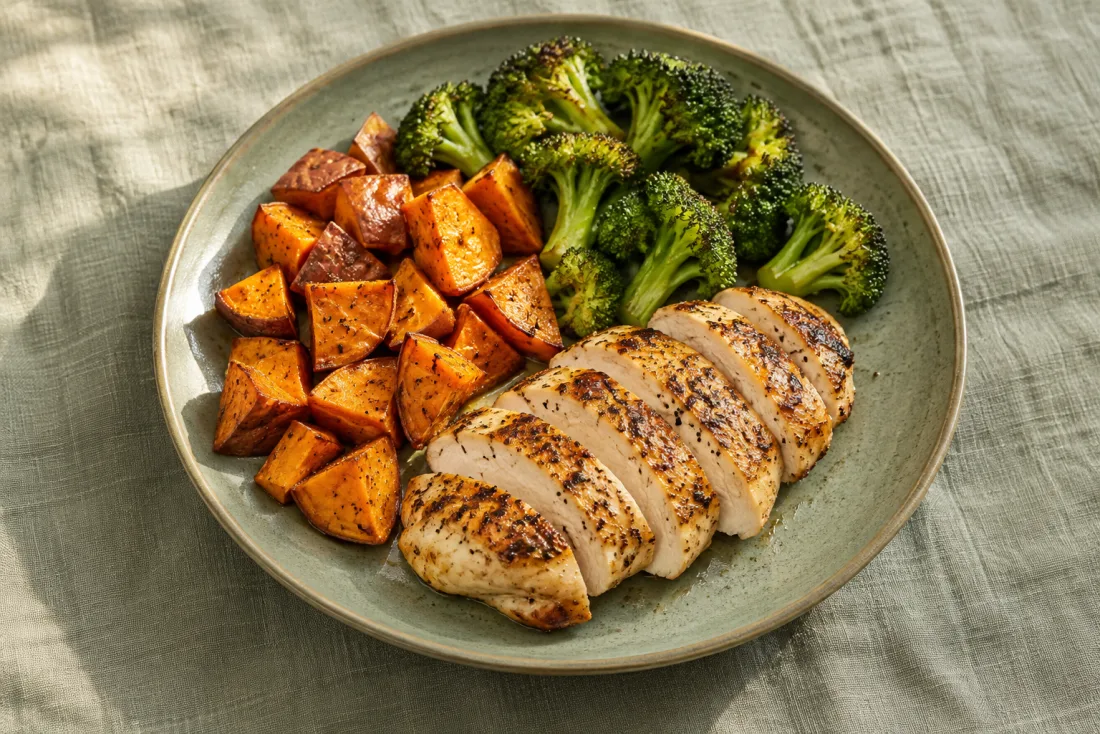 Roast chicken, sweet potato & broccoli — serving suggestion