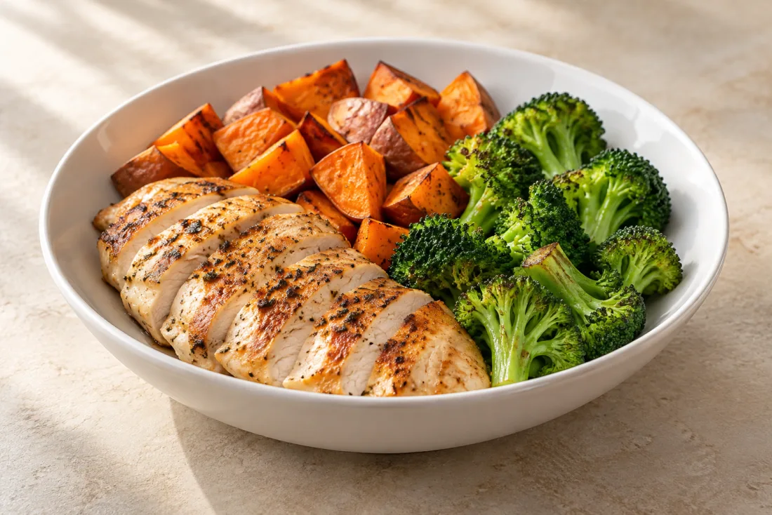 Roast chicken, sweet potato & broccoli — serving suggestion