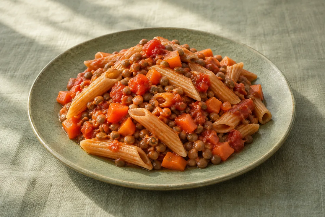 Lentil & tomato pasta — serving suggestion